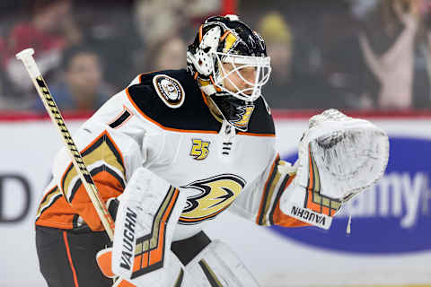 OTTAWA, ON – FEBRUARY 07: Anaheim Ducks Goalie Chad Johnson (1) prepares to make a save during warm-up before National Hockey League action between the Anaheim Ducks and Ottawa Senators on February 7, 2019, at Canadian Tire Centre in Ottawa, ON, Canada. (Photo by Richard A. Whittaker/Icon Sportswire via Getty Images)