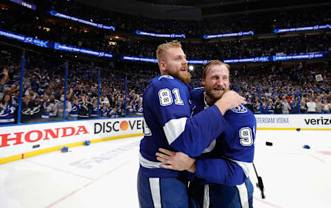 Erik Cernak #81 and Steven Stamkos #91 of the Tampa Bay Lightning. (Photo by Bruce Bennett/Getty Images)