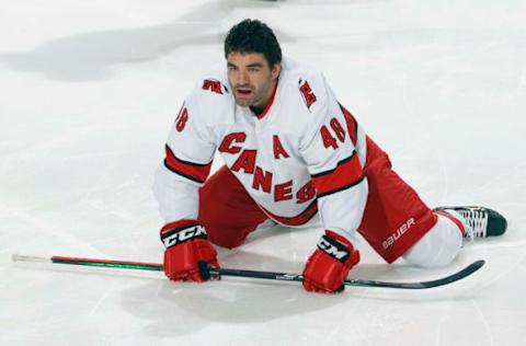 SUNRISE, FL – NOVEMBER 6: Jordan Martinook #48 of the Carolina Hurricanes stretches prior to the game against the Florida Panthers at the FLA Live Arena on November 6, 2021, in Sunrise, Florida. (Photo by Joel Auerbach/Getty Images)