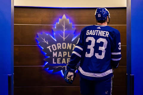 TORONTO, ON – FEBRUARY 25: Frederik Gauthier #33 of the Toronto Maple Leafs returns to the locker room at an NHL game against the Buffalo Sabres at the Scotiabank Arena on February 25, 2019 in Toronto, Ontario, Canada. (Photo by Kevin Sousa/NHLI via Getty Images)