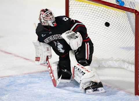 WORCESTER, MA – MARCH 25: Devon Levi #1 of the Northeastern Huskies makes a save against the Western Michigan Broncos during the second period during the NCAA Men’s Ice Hockey Northeast Regional game at the DCU Center on March 25, 2022 in Worcester, Massachusetts. (Photo by Richard T Gagnon/Getty Images)