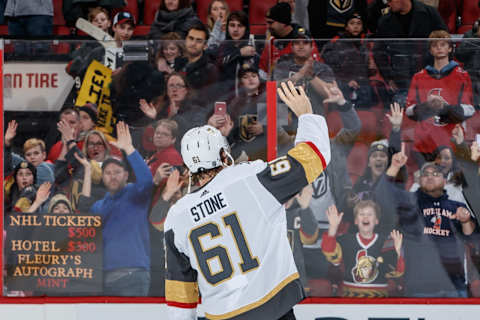 OTTAWA, ON – JANUARY 16: Mark Stone #61 of the Vegas Golden Knights salutes the fans as he is named the first star of the game after a win against the Ottawa Senators at Canadian Tire Centre on January 16, 2020 in Ottawa, Ontario, Canada. (Photo by Andre Ringuette/NHLI via Getty Images)