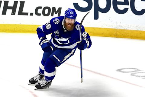 David Savard #58 of the Tampa Bay Lightning. (Photo by Mike Ehrmann/Getty Images)