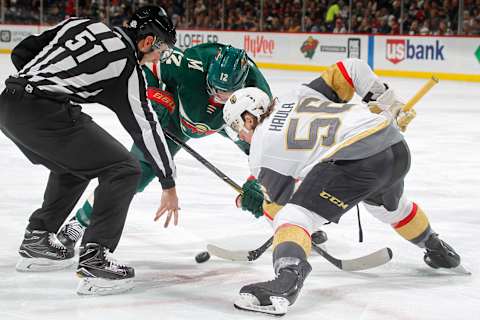 ST. PAUL, MN – FEBRUARY 2: Erik Haula #56 of the Vegas Golden Knights takes a face-off against Eric Staal #12 of the Minnesota Wild during the game at the Xcel Energy Center on February 2, 2018 in St. Paul, Minnesota. (Photo by Bruce Kluckhohn/NHLI via Getty Images)