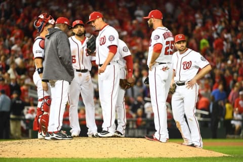 Oct 13, 2016; Washington, DC, USA; Washington Nationals manager Dusty Baker (second from left) removes pitcher Sammy Solis (36) during the seventh inning against the Los Angeles Dodgers during game five of the 2016 NLDS playoff baseball game at Nationals Park. Mandatory Credit: Brad Mills-USA TODAY Sports