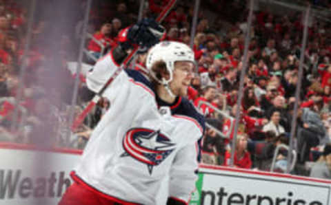 CHICAGO, IL – FEBRUARY 16: Artemi Panarin #9 of the Columbus Blue Jackets reacts after scoring against the Chicago Blackhawks in the third period at the United Center on February 16, 2019 in Chicago, Illinois. (Photo by Chase Agnello-Dean/NHLI via Getty Images)