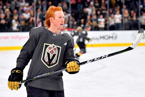 LAS VEGAS, NEVADA – NOVEMBER 02: Cody Eakin #21 of the Vegas Golden Knights warms up against the Winnipeg Jets at T-Mobile Arena on November 2, 2019 in Las Vegas, Nevada. (Photo by Jeff Bottari/NHLI via Getty Images)