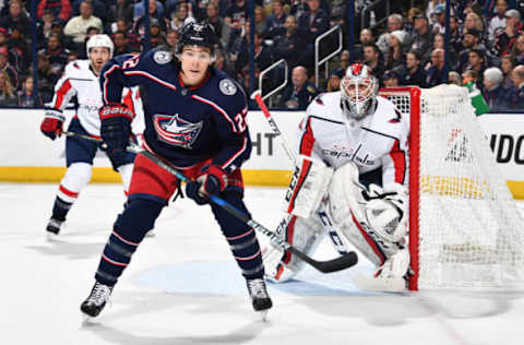 COLUMBUS, OH – APRIL 17: Sonny Milano #22 of the Columbus Blue Jackets skates in Game Three of the Eastern Conference First Round against the Washington Capitals during the 2018 NHL Stanley Cup Playoffs at Nationwide Arena in Columbus, Ohio. (Photo by Jamie Sabau/NHLI via Getty Images) *** Local Caption *** Sonny Milano