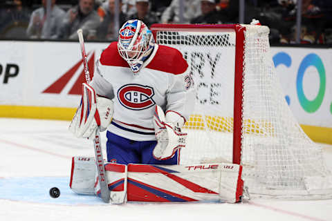 Mar 3, 2023; Anaheim, California, USA; Montreal Canadiens goaltender Sam Montembeault (35) makes a save during the second period against the Anaheim Ducks at Honda Center. Mandatory Credit: Kiyoshi Mio-USA TODAY Sports