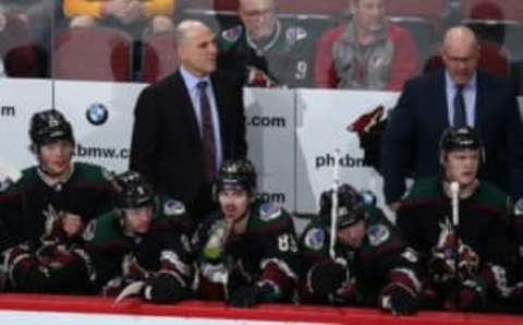 GLENDALE, ARIZONA – FEBRUARY 22: Head coach Rick Tocchet of the Arizona Coyotes watches from the bench during the third period of the NHL game against the Tampa Bay Lightning at Gila River Arena on February 22, 2020 in Glendale, Arizona. The Coyotes defeated the Lightning 7-3. (Photo by Christian Petersen/Getty Images)