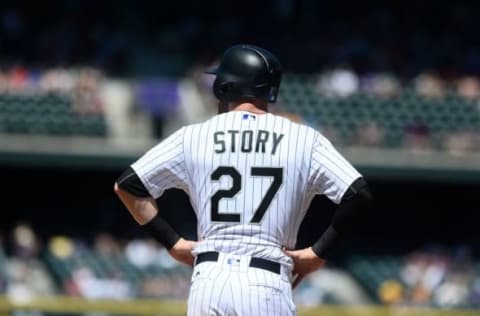 Jun 26, 2016; Denver, CO, USA; Colorado Rockies shortstop Trevor Story (27) during in the ninth inning against the Arizona Diamondbacks at Coors Field. The Rockies won 9-7. Mandatory Credit: Ron Chenoy-USA TODAY Sports. Fantasy Baseball.