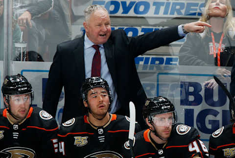 ANAHEIM, CA – DECEMBER 12: Head coach Randy Carlyle of the Anaheim Ducks gestures during the second period of the game against the Dallas Stars at Honda Center on December 12, 2018, in Anaheim, California. (Photo by Debora Robinson/NHLI via Getty Images)