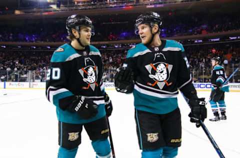 NEW YORK, NY – DECEMBER 18: Anaheim Ducks Left Wing Pontus Aberg (20) and Anaheim Ducks Right Wing Ondrej Kase (25) are pictured during the National Hockey League game between the Anaheim Ducks and the New York Rangers on December 18, 2018, at Madison Square Garden in New York, NY. (Photo by Joshua Sarner/Icon Sportswire via Getty Images)