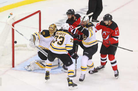 Jan 14, 2021; Newark, New Jersey, USA; New Jersey Devils defenseman Ty Smith (24) (not shown) scores his first NHL goal during the third period of their game against the Boston Bruins at Prudential Center. Mandatory Credit: Ed Mulholland-USA TODAY Sports