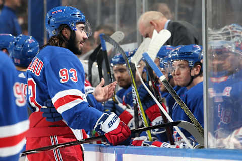 NEW YORK, NY – MARCH 25: Mika Zibanejad #93 of the New York Rangers looks on during a break in the action against the Pittsburgh Penguins at Madison Square Garden on March 25, 2019 in New York City. The Pittsburgh Penguins won 5-2. (Photo by Jared Silber/NHLI via Getty Images)