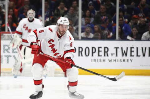 UNIONDALE, NEW YORK – MARCH 07: Joel Edmundson #6 of the Carolina Hurricanes skates against the New York Islanders at NYCB Live’s Nassau Coliseum on March 07, 2020 in Uniondale, New York. (Photo by Bruce Bennett/Getty Images)