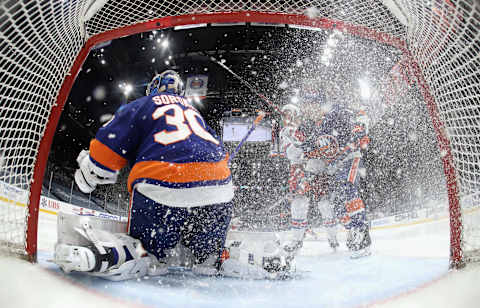 Ilya Sorokin #30 of the New York Islanders defends the net against the New York Rangers at the Nassau Coliseum o. (Photo by Bruce Bennett/Getty Images)