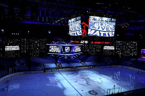 Black Lives Matter is displayed on the scoreboard (Photo by Elsa/Getty Images)