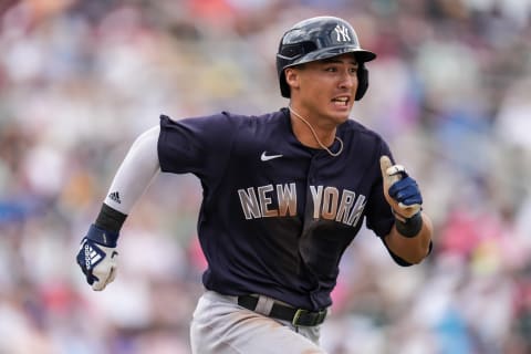 FORT MYERS, FL- MARCH 13: Anthony Volpe #77 of the New York Yankees runs during a spring training game against the Minnesota Twins on March 13, 2023 at the Hammond Stadium in Fort Myers, Florida. (Photo by Brace Hemmelgarn/Minnesota Twins/Getty Images)