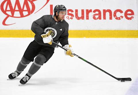 Jake Bischoff #45 of the Vegas Golden Knights skates with the puck. (Photo by Ethan Miller/Getty Images)