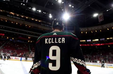 GLENDALE, ARIZONA – NOVEMBER 02: Clayton Keller #9 of the Arizona Coyotes prepares for a game against the Colorado Avalanche at Gila River Arena on November 02, 2019 in Glendale, Arizona. (Photo by Norm Hall/NHLI via Getty Images)