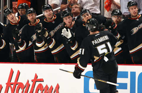 ANAHEIM, CA – MAY 2: Kyle Palmieri #51 of the Anaheim Ducks is congratulated by teammates after scoring a goal against the Detroit Red Wings in Game Two of the WCQF during the 2013 NHL Stanley Cup Playoffs. (Photo by Debora Robinson/NHLI via Getty Images)