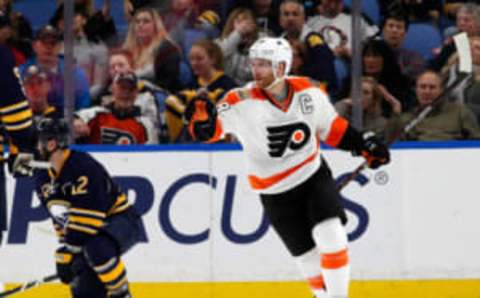 Mar 7, 2017; Buffalo, NY, USA; Philadelphia Flyers center Claude Giroux (28) celebrates after scoring on the Buffalo Sabres during the second period at KeyBank Center. Mandatory Credit: Kevin Hoffman-USA TODAY Sports