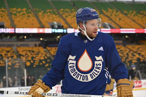 Oct 28, 2023; Edmonton, Alberta, Canada; Edmonton Oilers right winger Connor Brown (28) hits the ice during practice day for the 2023 Heritage Classic ice hockey game at Commonwealth Stadium. Mandatory Credit: Walter Tychnowicz-USA TODAY Sports