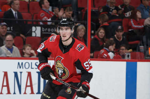 OTTAWA, ON – OCTOBER 10: Alex Formenton #59 of the Ottawa Senators skates against the Philadelphia Flyers at Canadian Tire Centre on October 10, 2018 in Ottawa, Ontario, Canada. (Photo by Andre Ringuette/NHLI via Getty Images)