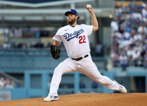 Oct 12, 2022; Los Angeles, California, USA; Los Angeles Dodgers starting pitcher Clayton Kershaw (22) throws in the first inning of game two of the NLDS for the 2022 MLB Playoffs against the San Diego Padres at Dodger Stadium. Mandatory Credit: Kiyoshi Mio-USA TODAY Sports