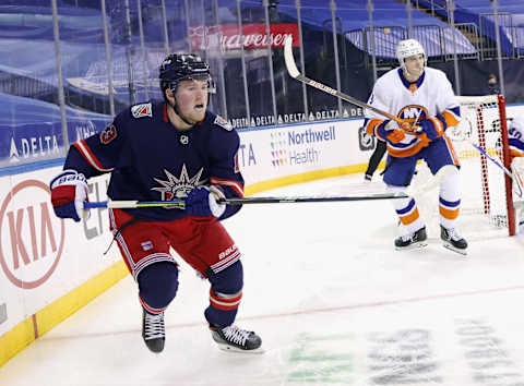 Feb 8, 2021; New York, NY, USA; Alexis Lafreniere #13 of the New York Rangers skates against the New York Islanders at Madison Square Garden on February 08, 2021 in New York City. Mandatory Credit: Bruce Bennett/Pool Photo-USA TODAY Sports