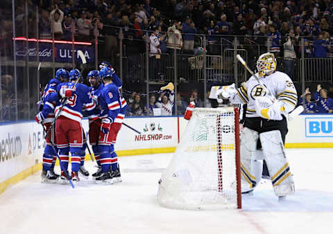 NEW YORK, NEW YORK – NOVEMBER 25: The New York Rangers celebrate a second-period goal by K’Andre Miller #79 against Linus Ullmark #35 of the Boston Bruins at Madison Square Garden on November 25, 2023 in New York City. (Photo by Bruce Bennett/Getty Images)