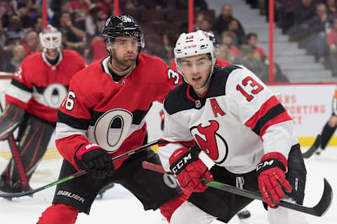 New Jersey Devils center Nico Hischier (13): (Marc DesRosiers-USA TODAY Sports)