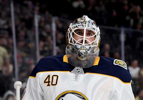 LAS VEGAS, NEVADA – FEBRUARY 28: Carter Hutton #40 of the Buffalo Sabres takes a break during a stop in play in the second period of a game against the Vegas Golden Knights at T-Mobile Arena on February 28, 2020 in Las Vegas, Nevada. The Golden Knights defeated the Sabres 4-2. (Photo by Ethan Miller/Getty Images)