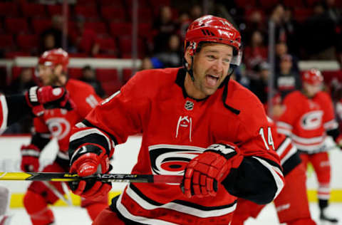 RALEIGH, NC – JANUARY 21: Justin Williams #14 of the Carolina Hurricanes warms up prior to an NHL game against the Winnipeg Jets on January 21, 2020 at PNC Arena in Raleigh, North Carolina. (Photo by Gregg Forwerck/NHLI via Getty Images)