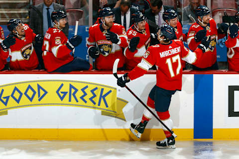 SUNRISE, FL – APRIL 24: Teammates congratulate Mason Marchment. (Photo by Joel Auerbach/Getty Images)