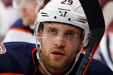 CALGARY, AB – NOVEMBER 17: Leon Draisatil #29 of the Edmonton Oilers skates against the Calgary Flames during an NHL game on November 17, 2018 at the Scotiabank Saddledome in Calgary, Alberta, Canada. (Photo by Gerry Thomas/NHLI via Getty Images)”n