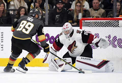 LAS VEGAS, NEVADA – NOVEMBER 29: Alex Tuch #89 of the Vegas Golden Knights scores the game-winning goal during a shootout against Darcy Kuemper #35 of the Arizona Coyotes to win the game 2-1 at T-Mobile Arena on November 29, 2019 in Las Vegas, Nevada. (Photo by Ethan Miller/Getty Images)