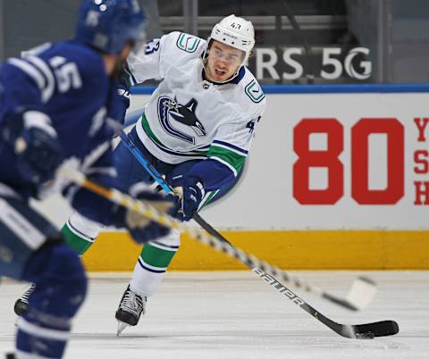 Quinn Hughes #43 of the Vancouver Canucks. (Photo by Claus Andersen/Getty Images)