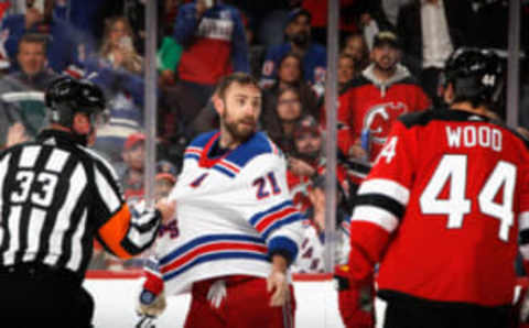 NEWARK, NEW JERSEY – APRIL 18: Barclay Goodrow #21 of the New York Rangers skates against the New Jersey Devils during Game One in the First Round of the 2023 Stanley Cup Playoffs at the Prudential Center on April 18, 2023, in Newark, New Jersey. (Photo by Bruce Bennett/Getty Images)