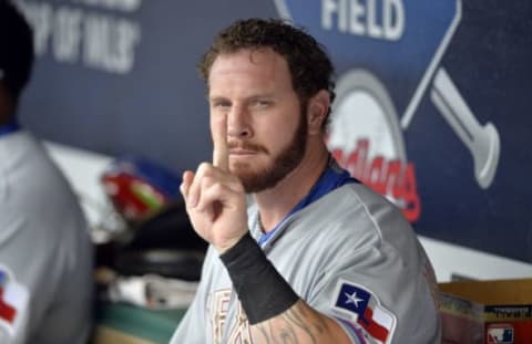 May 25, 2015; Cleveland, OH, USA; Texas Rangers left fielder Hamilton (32) reacts in the dugout prior to a game against the Cleveland Indians at Progressive Field. Mandatory Credit: David Richard-USA TODAY Sports