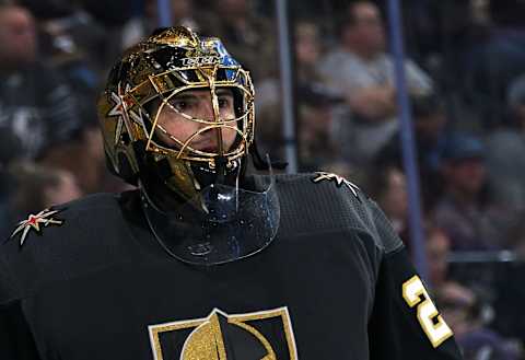 Marc-Andre Fleury #29 of the Vegas Golden Knights takes a break during a stop in play in the third period of a game against the Edmonton Oilers at T-Mobile Arena. (Photo by Ethan Miller/Getty Images)