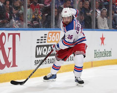 SUNRISE, FL – MARCH 10: Mats Zuccarello #36 of the New York Rangers clears the puck from behind the net against the Florida Panthers at the BB&T Center on March 10, 2018 in Sunrise, Florida. The Panthers defeated the Rangers 4-3 in a shootout. (Photo by Joel Auerbach/Getty Images)