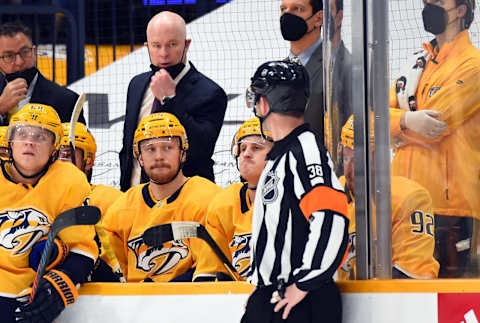 Nashville Predators head coach John Hynes talks with referee Mandatory Credit: Christopher Hanewinckel-USA TODAY Sports