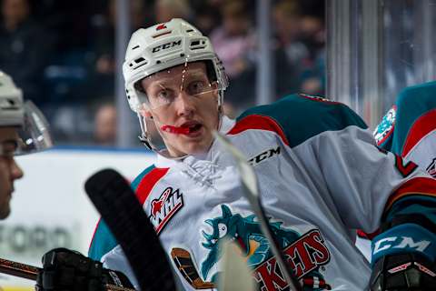 KELOWNA, CANADA – JANUARY 25: Lassi Thomson #2 of the Kelowna Rockets stands on the bench during a time out against the Victoria Royals on January 25, 2019 at Prospera Place in Kelowna, British Columbia, Canada. (Photo by Marissa Baecker/Getty Images)