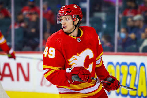 Sep 26, 2021; Calgary, Alberta, CAN; Calgary Flames left wing Jakob Pelletier (49) skates against the Edmonton Oilers during the second period at Scotiabank Saddledome. Mandatory Credit: Sergei Belski-USA TODAY Sports