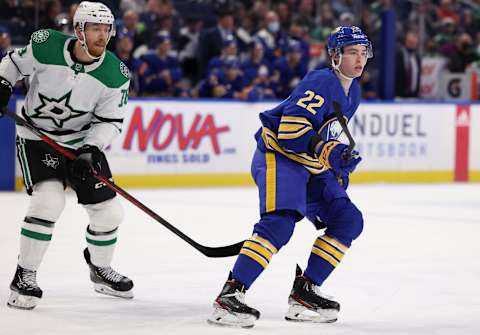 Jan 20, 2022; Buffalo, New York, USA; Buffalo Sabres right wing Jack Quinn (22) looks for the puck during the second period against the Dallas Stars at KeyBank Center. Mandatory Credit: Timothy T. Ludwig-USA TODAY Sports