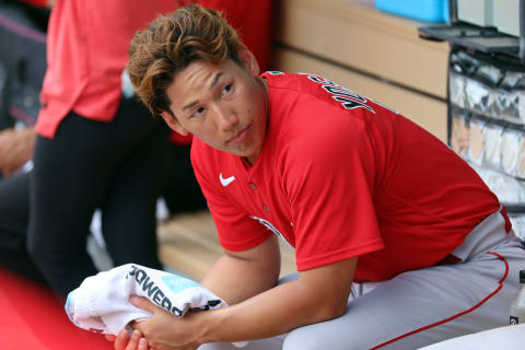 Mar 27, 2023; North Port, Florida, USA; Boston Red Sox center fielder Masataka Yoshida (7) looks on in the dugout against the Atlanta Braves at CoolToday Park. Mandatory Credit: Kim Klement-USA TODAY Sports