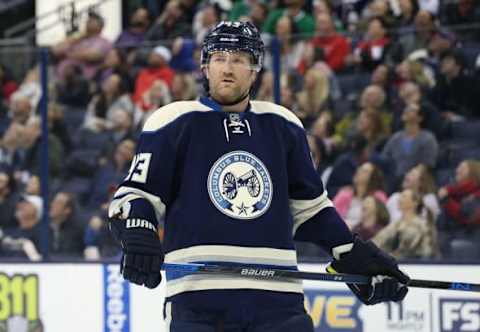 Dec 29, 2015; Columbus, OH, USA; Columbus Blue Jackets left wing Scott Hartnell (43) against the Dallas Stars at Nationwide Arena. The Jackets won 6-3. Mandatory Credit: Aaron Doster-USA TODAY Sports