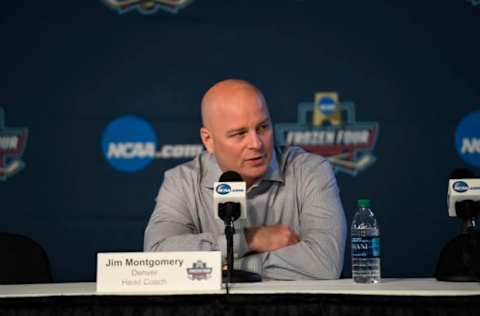 CHICAGO, IL – APRIL 7: Denver Pioneers head coach Jim Montgomery answers questions during a press conference prior to taking the ice for practice on April 7, 2017 in Chicago, Illinois at the United Center. The Pioneers take on Minnesota-Duluth Bulldogs in the Championship game. (Photo by John Leyba/The Denver Post via Getty Images)